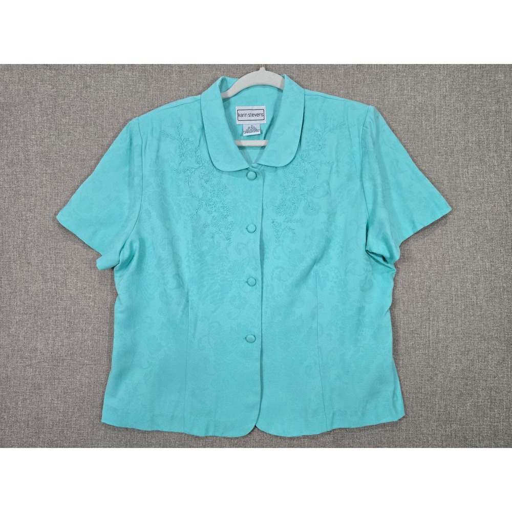 Karin Stevens Teal Blue Jacquard Floral Beaded Blouse Short Sleeve Size 18